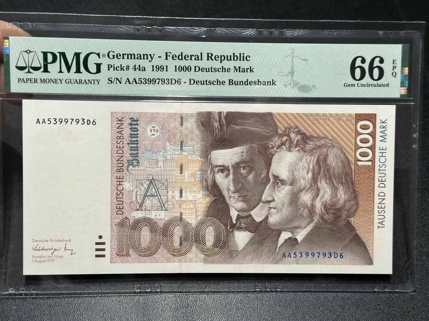 🎉🎉🎉《外钞收藏家》第六百期（年度庆典场）（本平台长期征集拍品、欢迎藏友们联系合作）❤️❤️❤️ 1991年的国末版1000马克 格林 PMG66 无4 AA冠