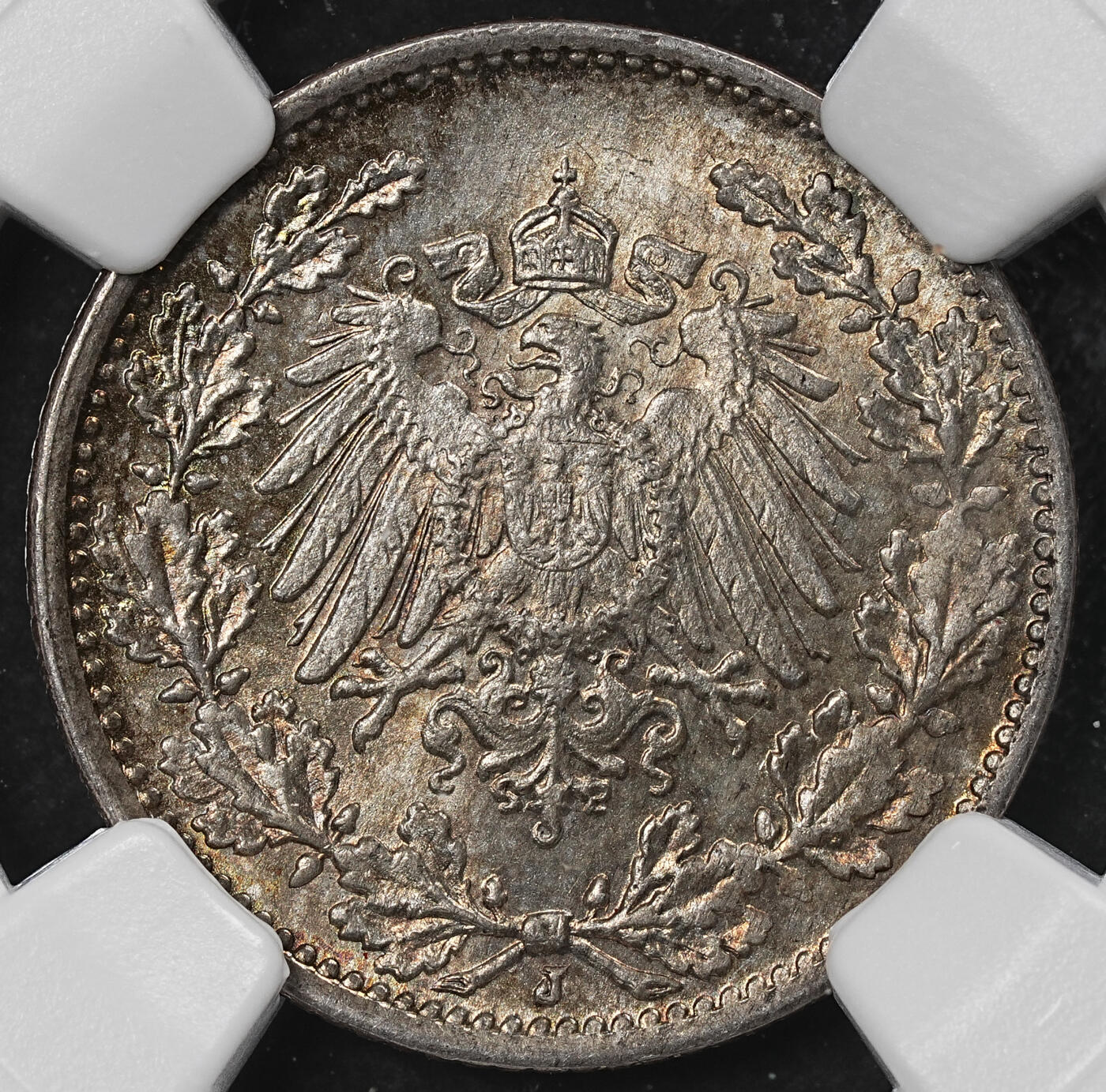 修遠堂世界钱币第一百期 NGC MS64 1918年德国1/2马克银币 J厂铭