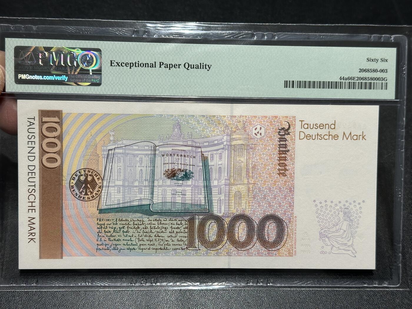 🎉🎉🎉《外钞收藏家》第六百期（年度庆典场）（本平台长期征集拍品、欢迎藏友们联系合作）❤️❤️❤️ 1991年的国末版1000马克 格林 PMG66 无4 AA冠