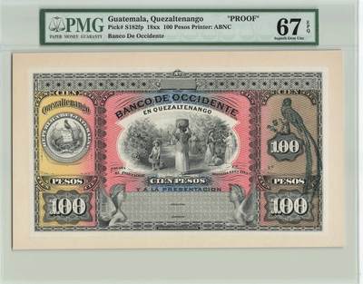 小福收藏拍卖第198期 评级币精选场  本期有菲律宾百位靓号100000比索超大纪念钞 苏里南25000盾花鸟版最高值 柬埔寨珍品56年50瑞尔 南越未发行版最高值打飞机  巴哈马彩背 老挝中国代印57年样钞 匈牙利 斯洛伐克 法罗群岛等多国精美高分珍稀老钞精品纸币 - 危地马拉 18xx年 100比索 正面样钞 PROOF PMG67 EPQ 亚军分（冠军分仅1枚）