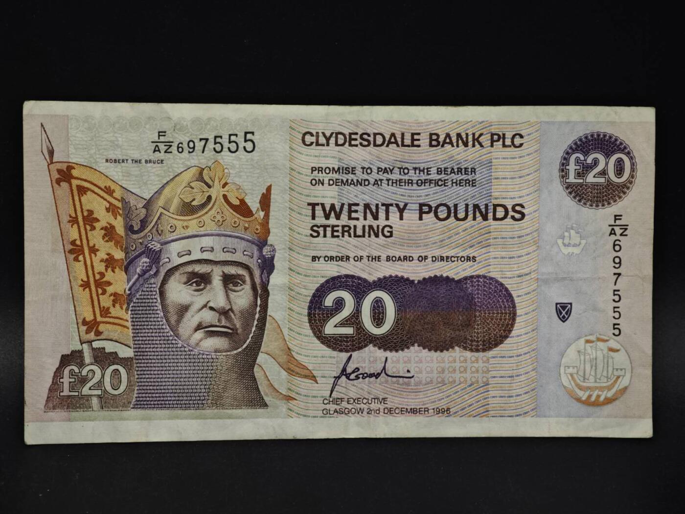 【淘币小摊】限时拍第八百四十二拍  纸币场  满百包邮可预留两周  周一统一发货  克莱玆戴尔银行1996年20镑纸币【有折】