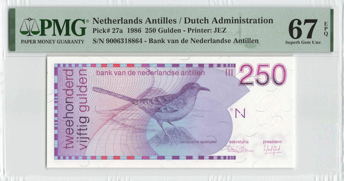 小福收藏拍卖第200期 【庆典场 中拍就有好礼相赠】评级币精选场 本期有捷克斯洛伐克20年100克朗慕夏作品大珍 69分倒置百位号布隆迪世界最大纸币  35年版加拿大经典 苏格兰格拉斯哥大学500年纪念钞倒置小号 卡塔尔80年100里亚尔冠军分 美国教育券 意大利拉斐尔 乌克兰 库克群岛 墨西哥 南斯拉夫 亚美尼亚等多国精美高分珍稀老钞精品纸币 荷属安的列斯 1986年 250盾 PMG67 EPQ