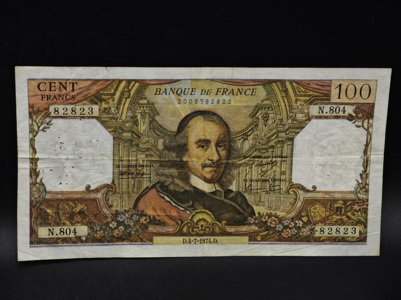 【淘币小摊】限时拍第八百四十二拍  纸币场  满百包邮可预留两周  周一统一发货  法国1974年100法郎纸币【有折针眼】