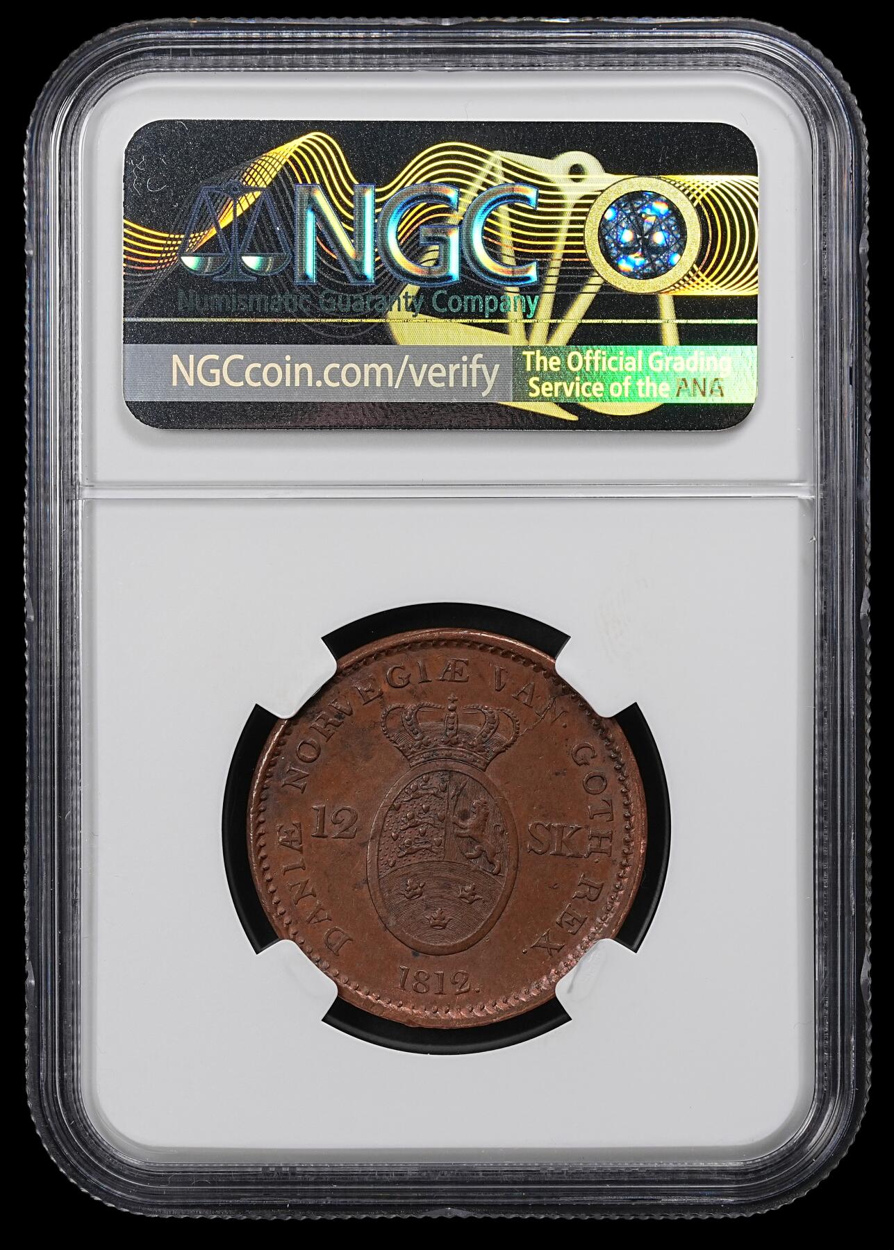 修遠堂世界钱币第一百期 NGC MS63BN 1812年丹麦12 SKILLING铜币 打在1771年1 SKILLING铜币上
