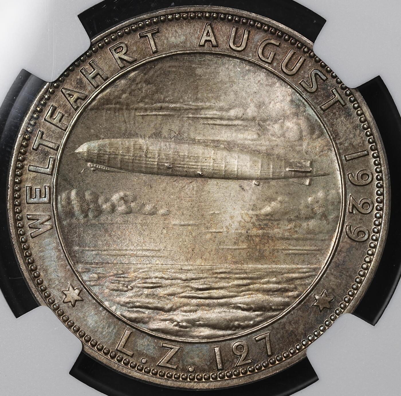 修遠堂世界钱币第一百期 NGC MS65 1929年德国- “LZ 127 齐柏林伯爵号” 飞艇完成首次环球飞行（8 月 15 日 - 29 日）纪念银章