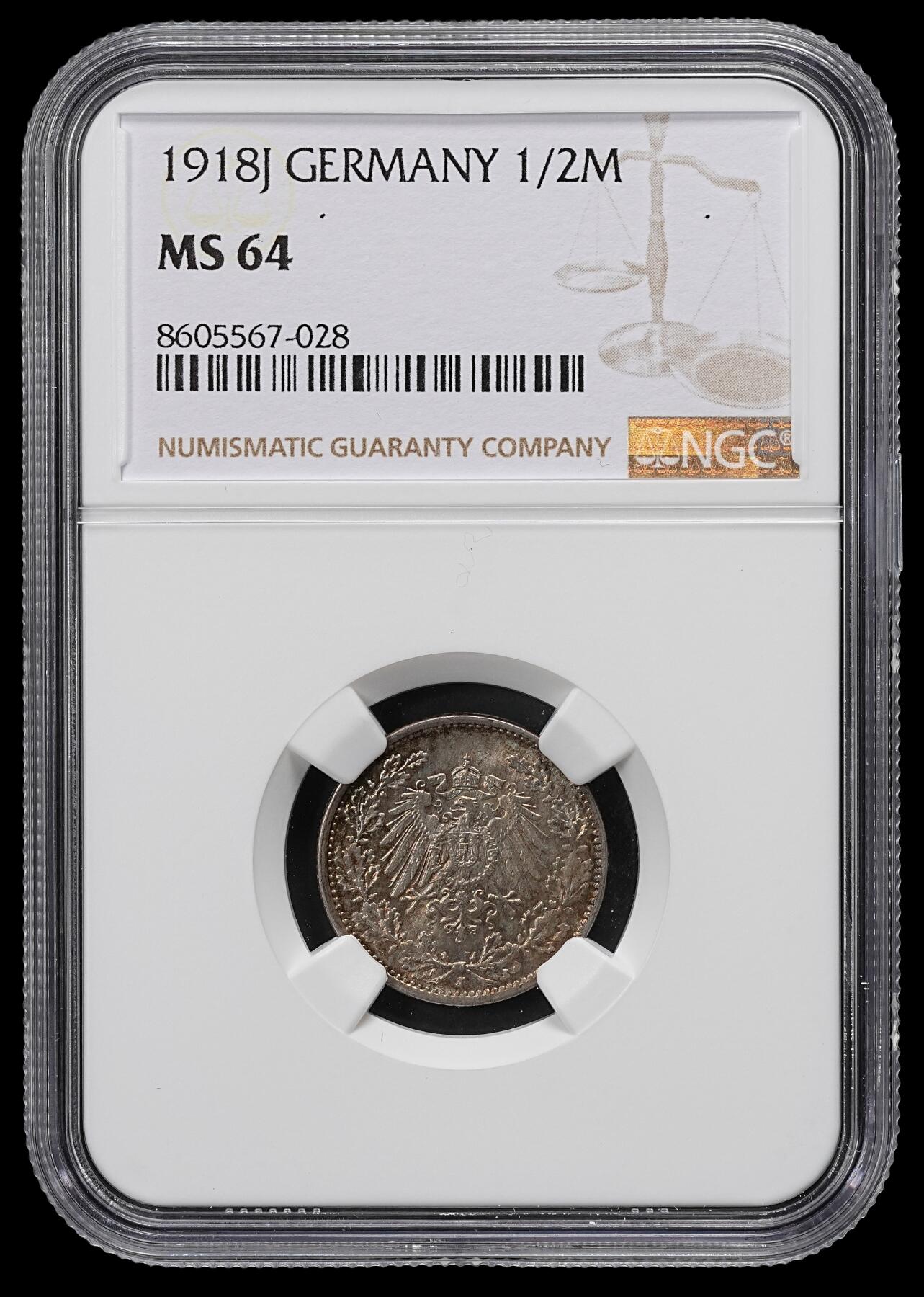 修遠堂世界钱币第一百期 NGC MS64 1918年德国1/2马克银币 J厂铭