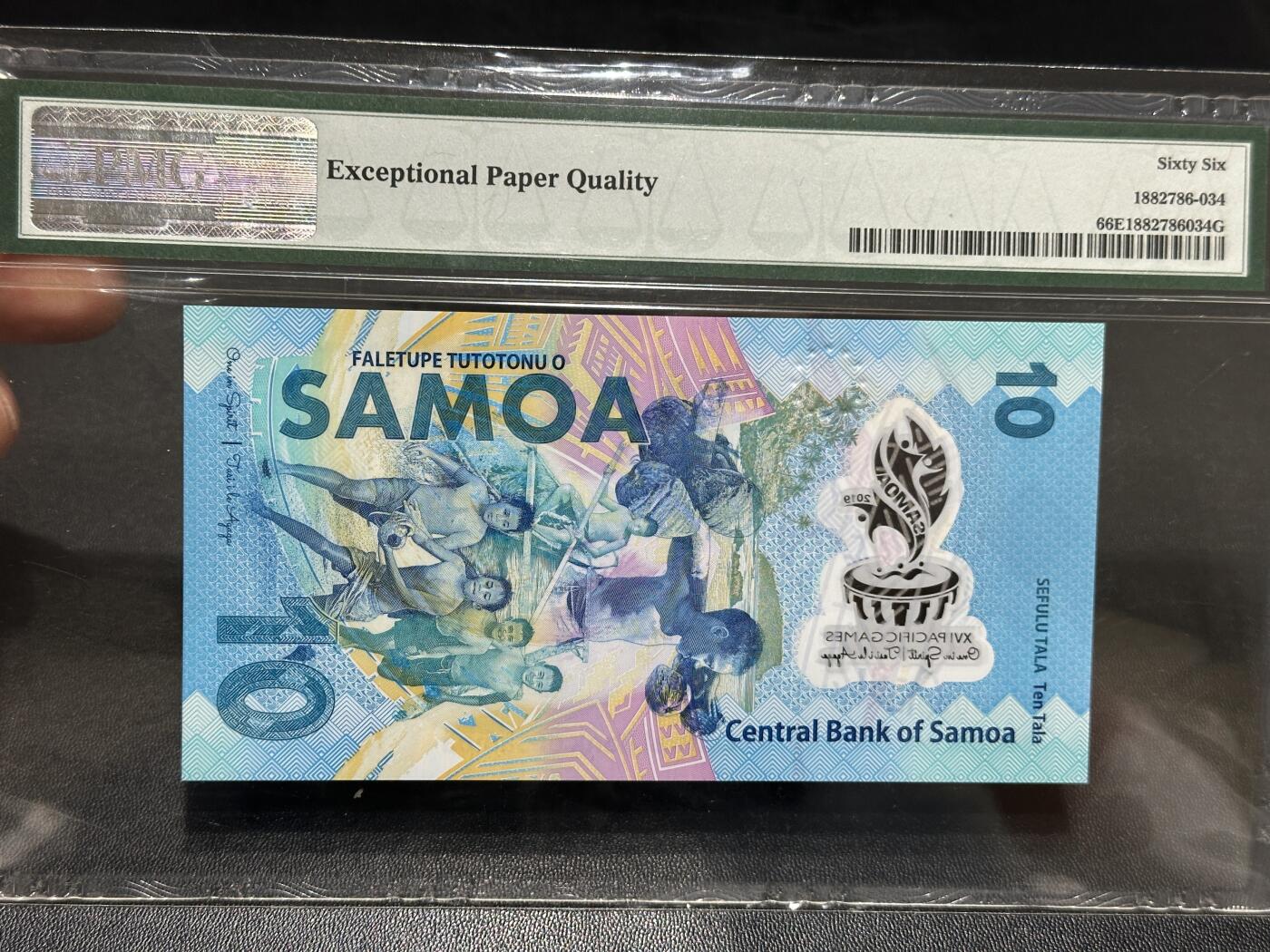 🎉🎉🎉《外钞收藏家》第六百期（年度庆典场）（本平台长期征集拍品、欢迎藏友们联系合作）❤️❤️❤️ 2019年萨摩亚10塔拉 纪念钞 千位号 PMG66