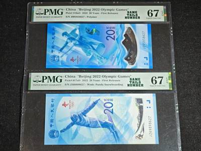 刘世昌艺术品销售中心～虎踞龙蟠*金杨在线联拍群第513期 - 2022年“北京冬奥会”纪念钞【尾四同】（连体封装）（PMG 67E 号码：J095858627、J269898627）一套2枚。
