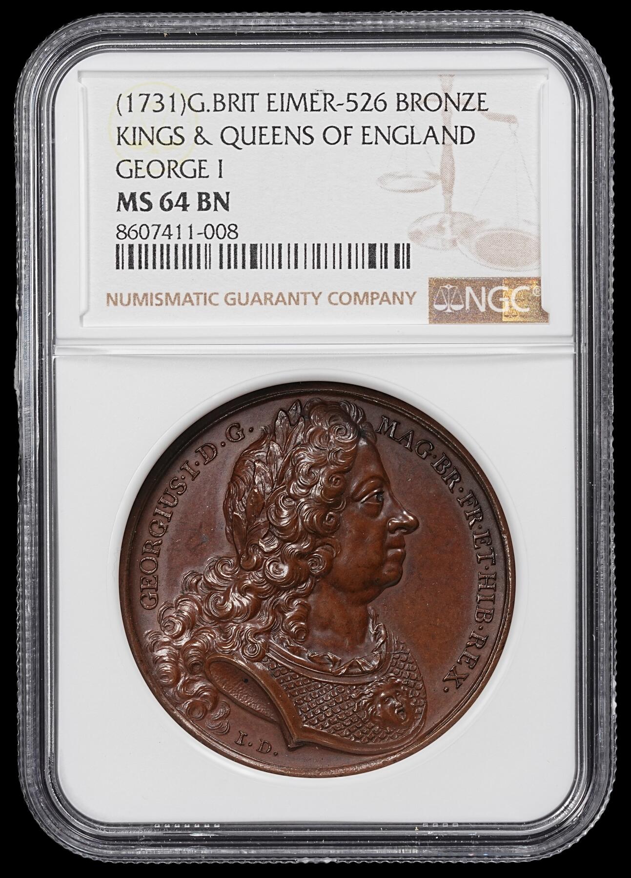 修遠堂世界钱币第一百期 NGC MS64BN 1727年英王乔治一世逝世纪念高浮雕大铜章，盒子年份标签有误，铜色一流