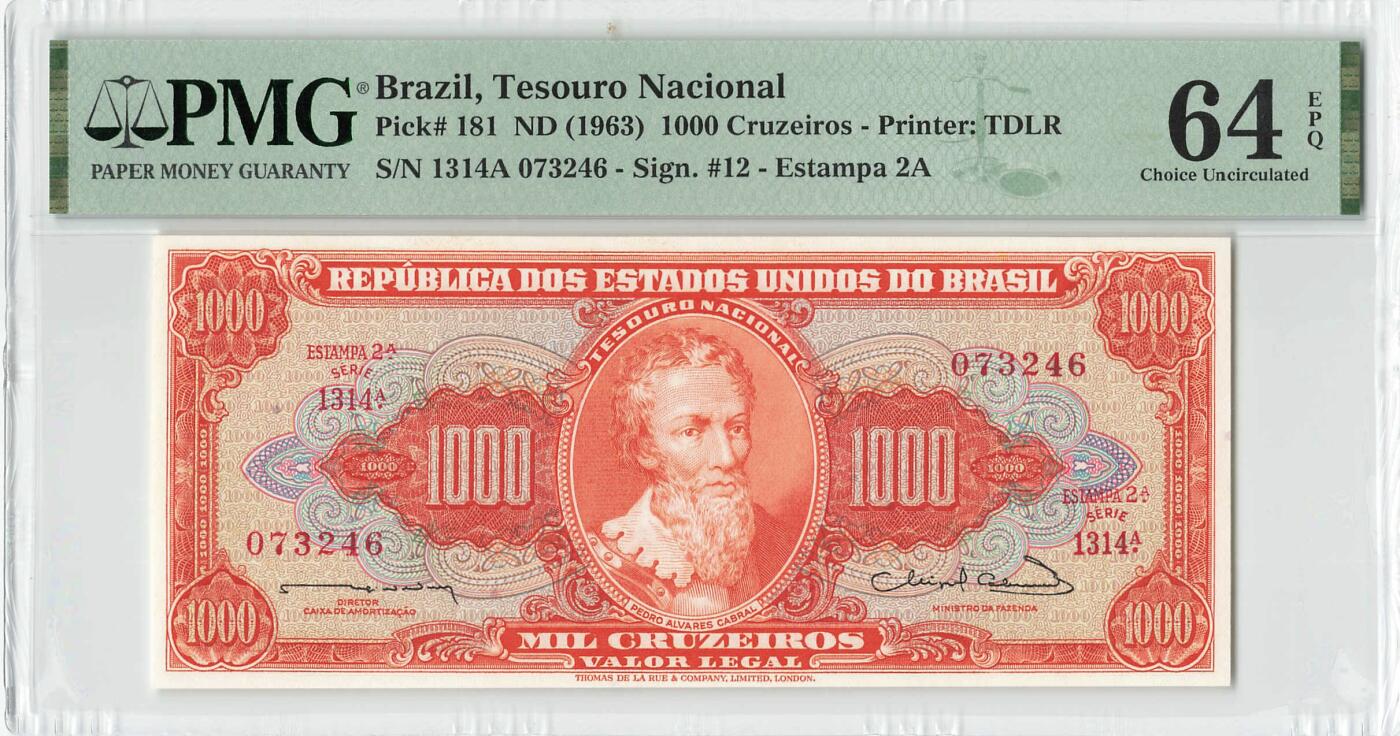 小福收藏拍卖第198期 评级币精选场  本期有菲律宾百位靓号100000比索超大纪念钞 苏里南25000盾花鸟版最高值 柬埔寨珍品56年50瑞尔 南越未发行版最高值打飞机  巴哈马彩背 老挝中国代印57年样钞 匈牙利 斯洛伐克 法罗群岛等多国精美高分珍稀老钞精品纸币 巴西 1963年 1000克鲁塞罗 PMG64 EPQ