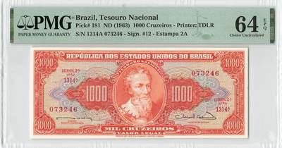 小福收藏拍卖第198期 评级币精选场  本期有菲律宾百位靓号100000比索超大纪念钞 苏里南25000盾花鸟版最高值 柬埔寨珍品56年50瑞尔 南越未发行版最高值打飞机  巴哈马彩背 老挝中国代印57年样钞 匈牙利 斯洛伐克 法罗群岛等多国精美高分珍稀老钞精品纸币 - 巴西 1963年 1000克鲁塞罗 PMG64 EPQ
