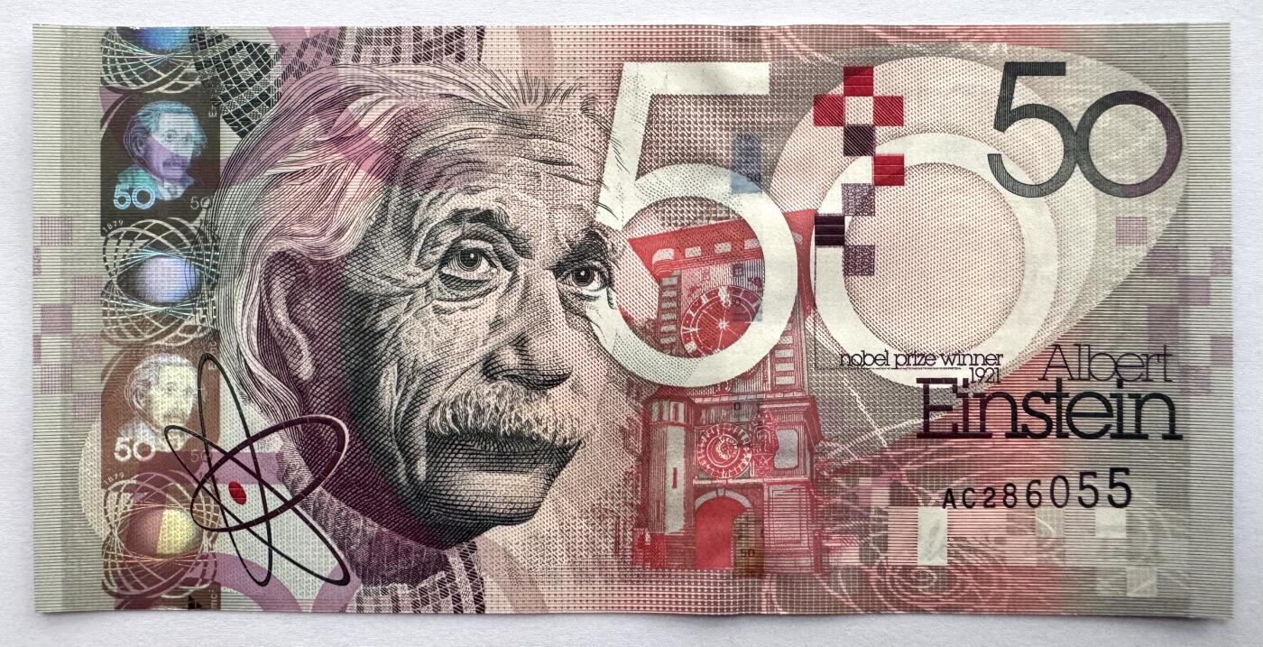 2026第1场（总第228期）：精品测试钞、外钞、塑料钞、连体钞综合场 德纳罗DLR“爱因斯坦”50面额DepthThread®景深安全线测试钞UNC（全程无47）