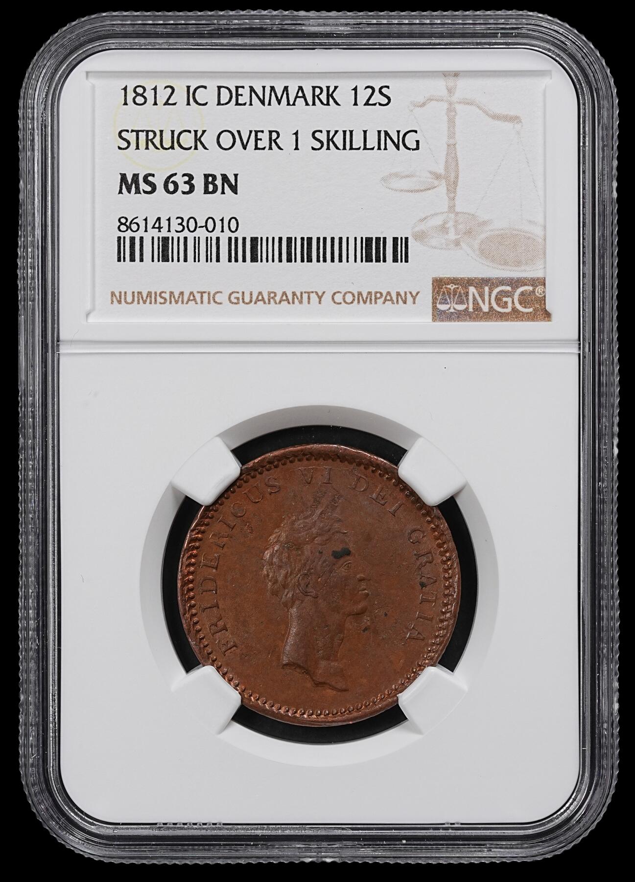 修遠堂世界钱币第一百期 NGC MS63BN 1812年丹麦12 SKILLING铜币 打在1771年1 SKILLING铜币上