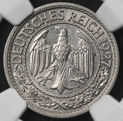 修遠堂世界钱币第一百期 - NGC MS63 1927年德国50芬尼 E厂铭，较少见的厂铭