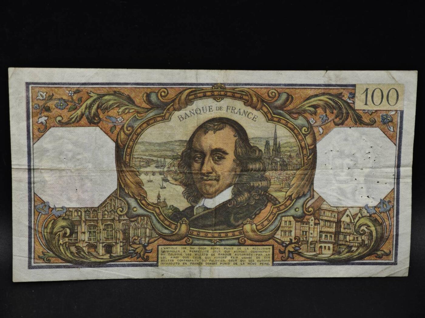 【淘币小摊】限时拍第八百四十二拍  纸币场  满百包邮可预留两周  周一统一发货  法国1974年100法郎纸币【有折针眼】