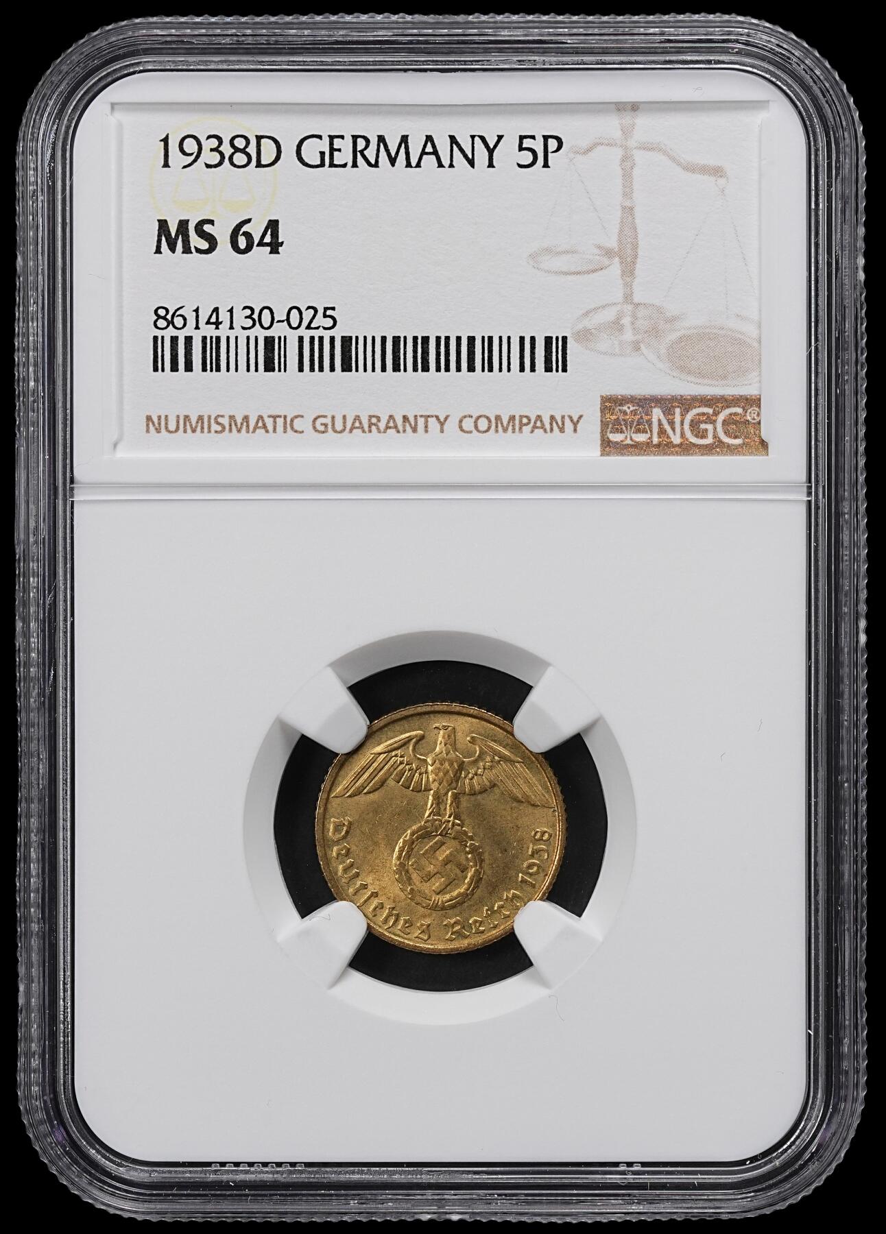 修遠堂世界钱币第一百期 NGC MS64 1938年德三5芬尼 D厂铭