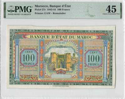 小福收藏拍卖第200期 【庆典场 中拍就有好礼相赠】评级币精选场 本期有捷克斯洛伐克20年100克朗慕夏作品大珍 69分倒置百位号布隆迪世界最大纸币  35年版加拿大经典 苏格兰格拉斯哥大学500年纪念钞倒置小号 卡塔尔80年100里亚尔冠军分 美国教育券 意大利拉斐尔 乌克兰 库克群岛 墨西哥 南斯拉夫 亚美尼亚等多国精美高分珍稀老钞精品纸币 - 摩洛哥 1944年 100法郎 精美大票幅 remainder 比实际票罕见 PMG45 唯1冠军分（评级币仅3张）！！！