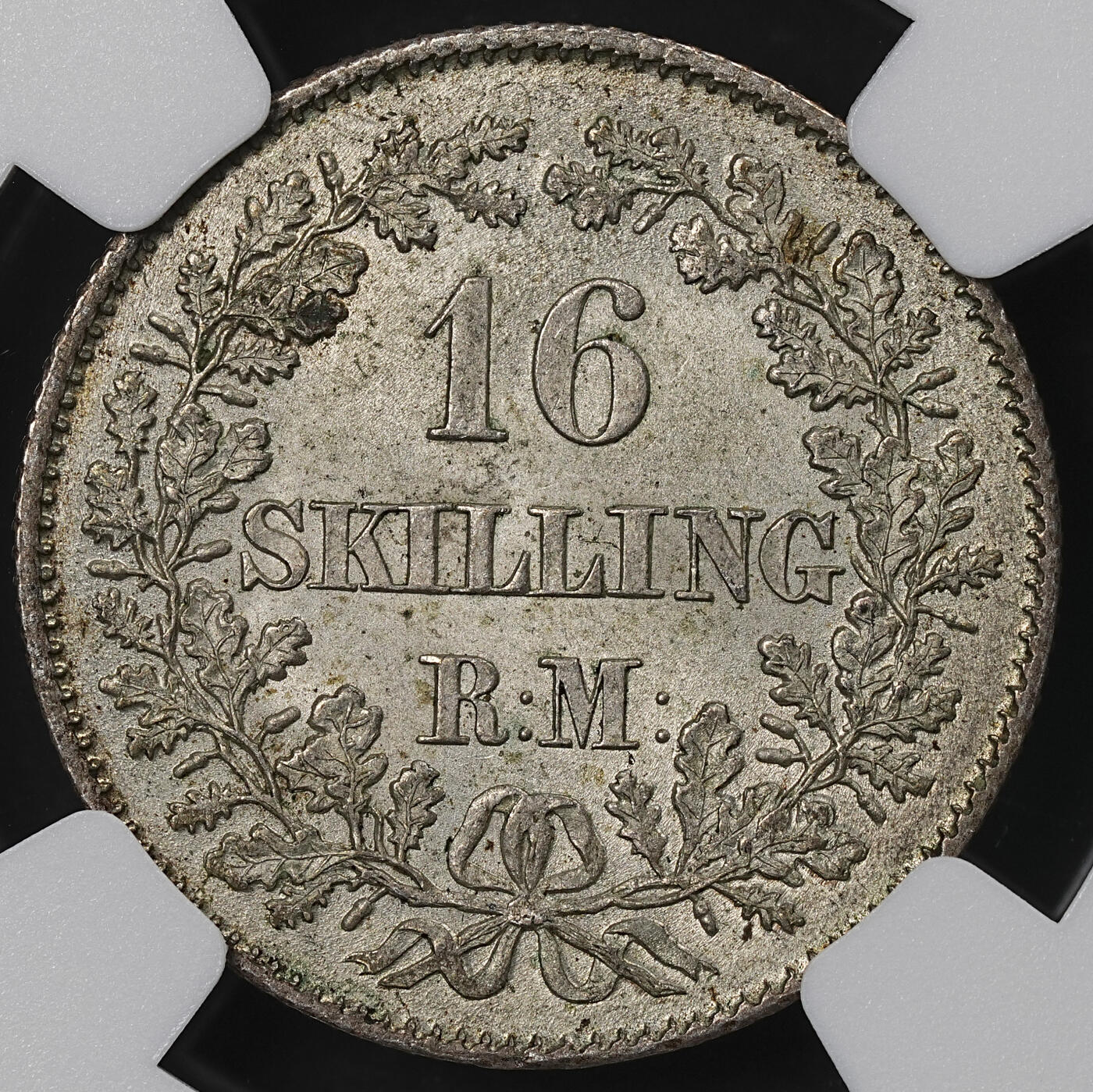 修遠堂世界钱币第一百期 NGC MS65 1856年丹麦16 SKILLING RIGSMONT银币  齿边版