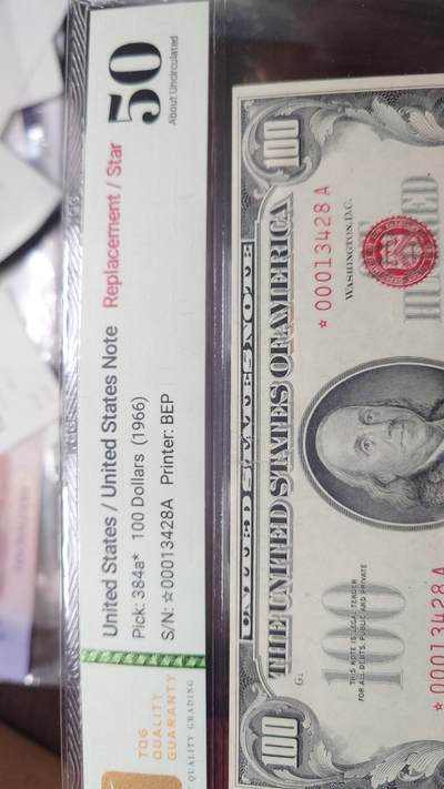 【新年四拍】世界钱币～微拍第225期暨2025年第4期  评级币拍卖场 1966年美国100元 红库印星补号 TQG50 票面正中间有一道略超过1CM的裂口