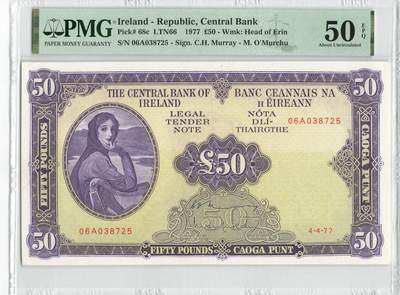 小福收藏拍卖第200期 【庆典场 中拍就有好礼相赠】评级币精选场 本期有捷克斯洛伐克20年100克朗慕夏作品大珍 69分倒置百位号布隆迪世界最大纸币  35年版加拿大经典 苏格兰格拉斯哥大学500年纪念钞倒置小号 卡塔尔80年100里亚尔冠军分 美国教育券 意大利拉斐尔 乌克兰 库克群岛 墨西哥 南斯拉夫 亚美尼亚等多国精美高分珍稀老钞精品纸币 - 爱尔兰 1977年 50镑 A冠 PMG50 EPQ