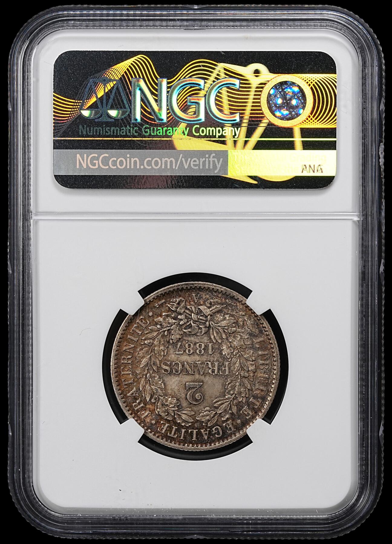 修遠堂世界钱币第一百期 NGC MS63 1887年法国谷物女神2法郎银币 A厂铭 五彩包浆