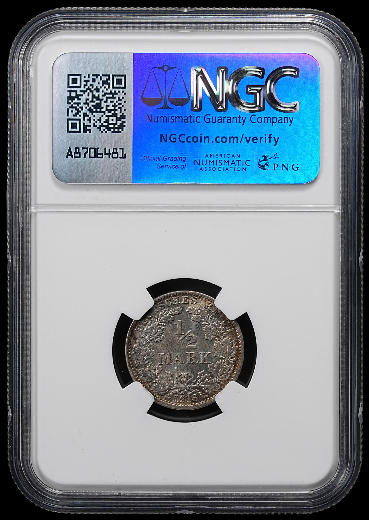 修遠堂世界钱币第一百期 NGC MS64 1918年德国1/2马克银币 J厂铭