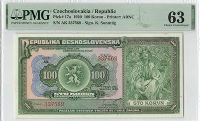 小福收藏拍卖第200期 【庆典场 中拍就有好礼相赠】评级币精选场 本期有捷克斯洛伐克20年100克朗慕夏作品大珍 69分倒置百位号布隆迪世界最大纸币  35年版加拿大经典 苏格兰格拉斯哥大学500年纪念钞倒置小号 卡塔尔80年100里亚尔冠军分 美国教育券 意大利拉斐尔 乌克兰 库克群岛 墨西哥 南斯拉夫 亚美尼亚等多国精美高分珍稀老钞精品纸币 - 捷克斯洛伐克 1920年 100克朗 慕夏 实钞 名誉品 大珍 背标墨水渗漏是印刷导致 展现了这张纸币的原始状态 目前只有5张更高 PMG63 季军分