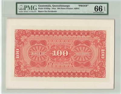 小福收藏拍卖第198期 评级币精选场  本期有菲律宾百位靓号100000比索超大纪念钞 苏里南25000盾花鸟版最高值 柬埔寨珍品56年50瑞尔 南越未发行版最高值打飞机  巴哈马彩背 老挝中国代印57年样钞 匈牙利 斯洛伐克 法罗群岛等多国精美高分珍稀老钞精品纸币 - 危地马拉 18xx年 100比索 背面样钞 PROOF PMG66 EPQ 亚军分（冠军分仅1枚）