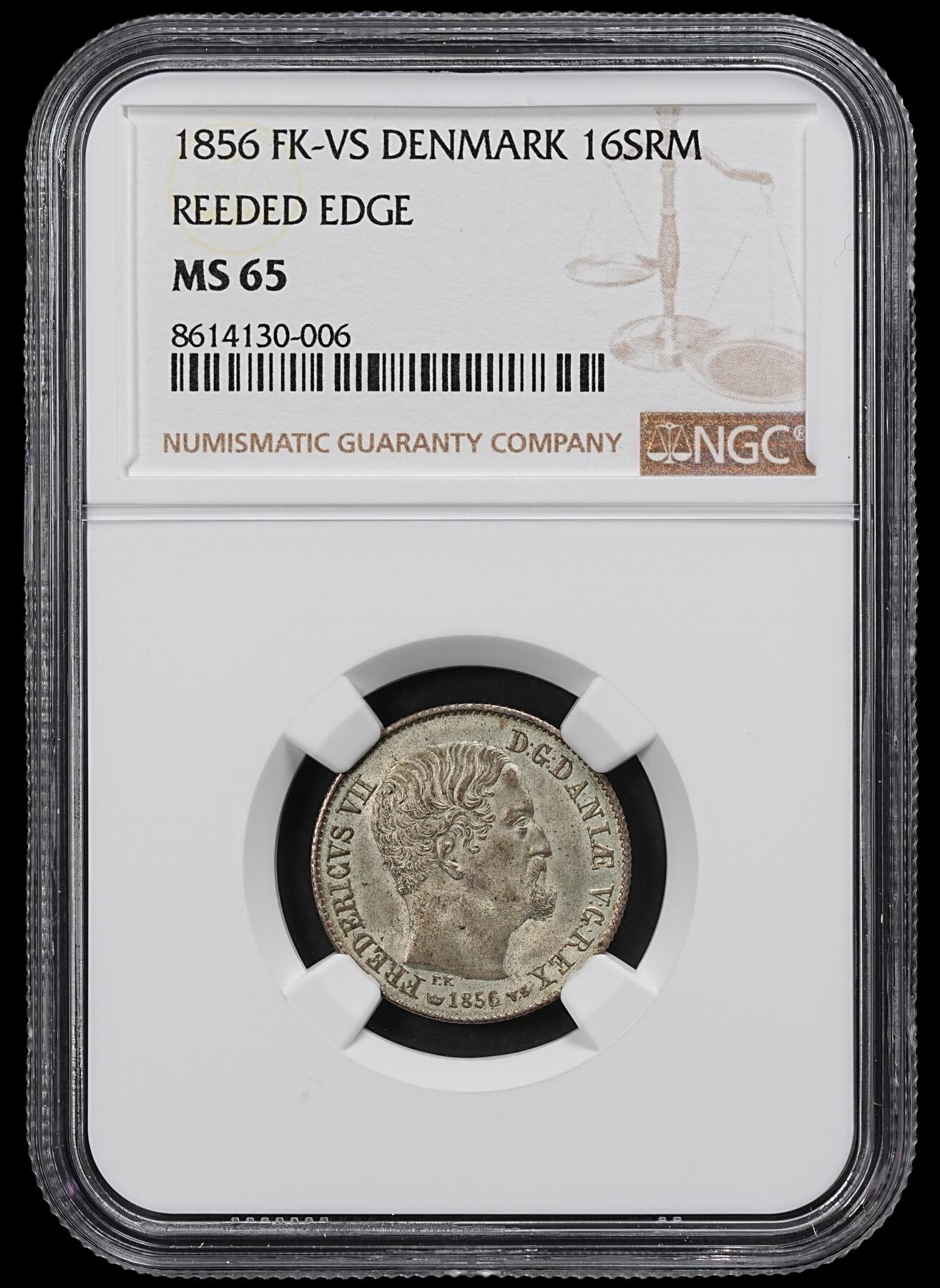 修遠堂世界钱币第一百期 NGC MS65 1856年丹麦16 SKILLING RIGSMONT银币  齿边版