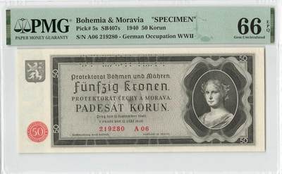 小福收藏拍卖第200期 【庆典场 中拍就有好礼相赠】评级币精选场 本期有捷克斯洛伐克20年100克朗慕夏作品大珍 69分倒置百位号布隆迪世界最大纸币  35年版加拿大经典 苏格兰格拉斯哥大学500年纪念钞倒置小号 卡塔尔80年100里亚尔冠军分 美国教育券 意大利拉斐尔 乌克兰 库克群岛 墨西哥 南斯拉夫 亚美尼亚等多国精美高分珍稀老钞精品纸币 - 波西米亚和摩拉维亚 1940年 50克朗 样钞 无47 PMG66 EPQ 亚军分