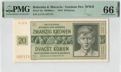 小福收藏拍卖第200期 【庆典场 中拍就有好礼相赠】评级币精选场 本期有捷克斯洛伐克20年100克朗慕夏作品大珍 69分倒置百位号布隆迪世界最大纸币  35年版加拿大经典 苏格兰格拉斯哥大学500年纪念钞倒置小号 卡塔尔80年100里亚尔冠军分 美国教育券 意大利拉斐尔 乌克兰 库克群岛 墨西哥 南斯拉夫 亚美尼亚等多国精美高分珍稀老钞精品纸币 - 波西米亚和摩拉维亚 1944年 20克朗 PMG66 EPQ 亚军分