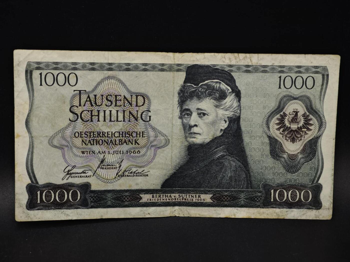 【淘币小摊】限时拍第八百四十二拍  纸币场  满百包邮可预留两周  周一统一发货  奥地利1966年1000先令纸币【有折】
