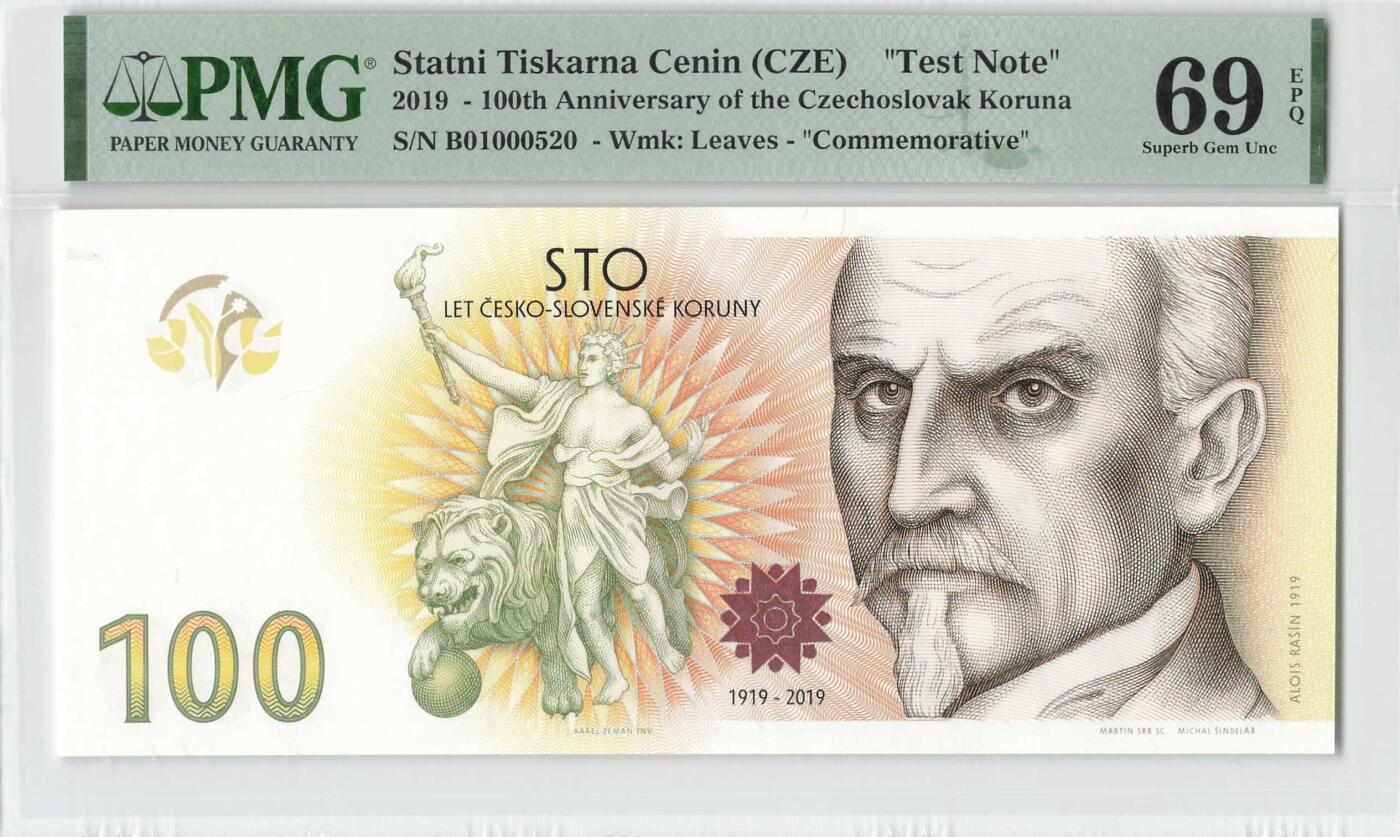 小福收藏拍卖第200期 【庆典场 中拍就有好礼相赠】评级币精选场 本期有捷克斯洛伐克20年100克朗慕夏作品大珍 69分倒置百位号布隆迪世界最大纸币  35年版加拿大经典 苏格兰格拉斯哥大学500年纪念钞倒置小号 卡塔尔80年100里亚尔冠军分 美国教育券 意大利拉斐尔 乌克兰 库克群岛 墨西哥 南斯拉夫 亚美尼亚等多国精美高分珍稀老钞精品纸币 捷克 2019年 100克朗 捷克克朗诞生100周年纪念钞修改复制品 发行量只有2000枚 收藏价值也很高 百位小号 爱情号520 带册 PMG69 EPQ