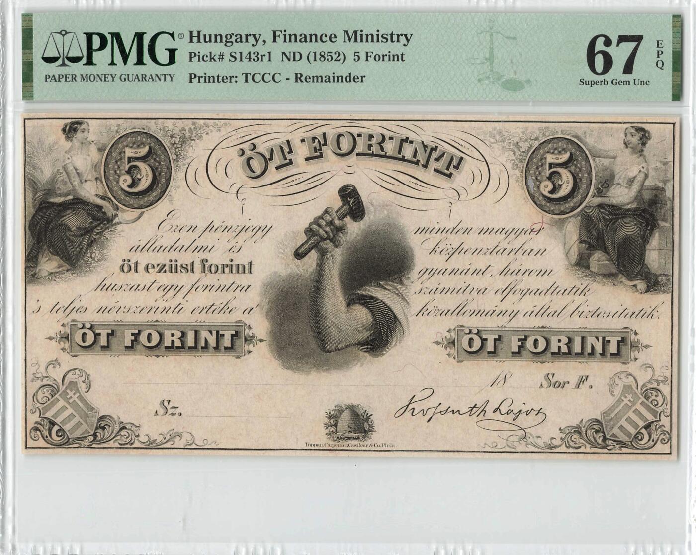 小福收藏拍卖第200期 【庆典场 中拍就有好礼相赠】评级币精选场 本期有捷克斯洛伐克20年100克朗慕夏作品大珍 69分倒置百位号布隆迪世界最大纸币  35年版加拿大经典 苏格兰格拉斯哥大学500年纪念钞倒置小号 卡塔尔80年100里亚尔冠军分 美国教育券 意大利拉斐尔 乌克兰 库克群岛 墨西哥 南斯拉夫 亚美尼亚等多国精美高分珍稀老钞精品纸币 匈牙利 1852年 5福林 174年精美老钞 PMG67 EPQ 冠军分！！！