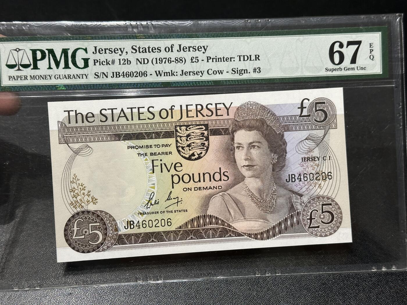 🎉🎉🎉《外钞收藏家》第六百期（年度庆典场）（本平台长期征集拍品、欢迎藏友们联系合作）❤️❤️❤️ 1976-88年泽西5镑 PMG67 精美女王