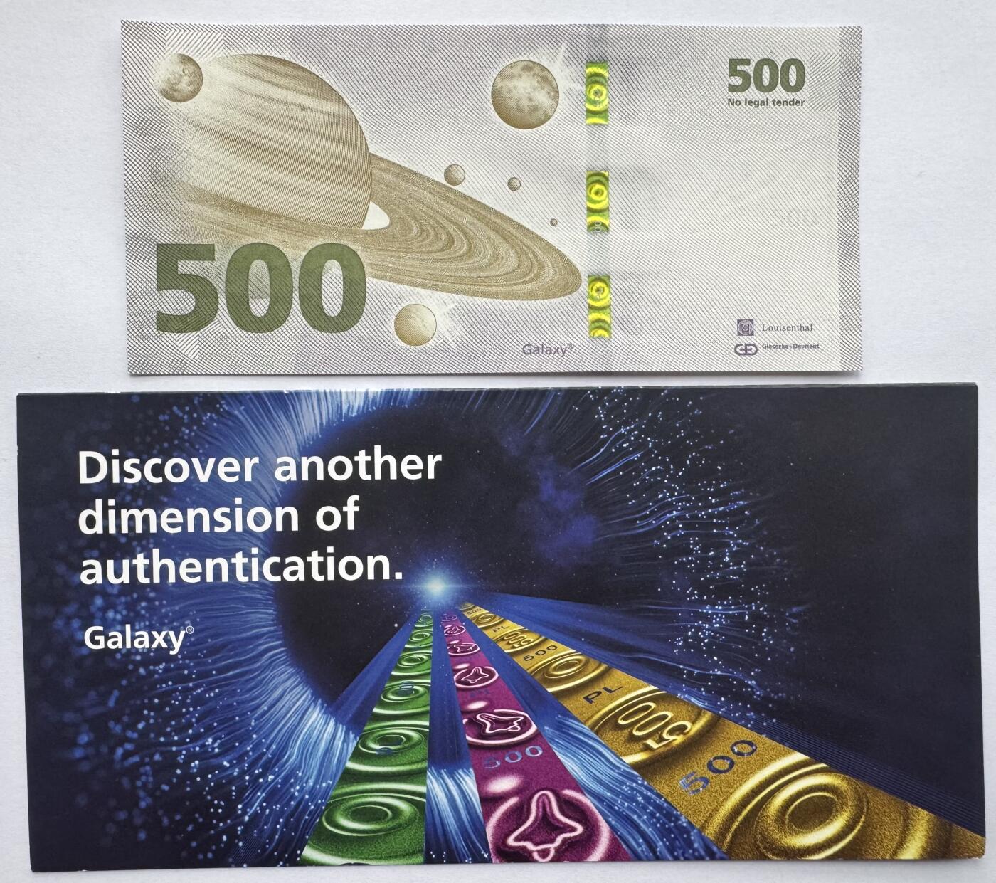 2026第1场（总第228期）：精品测试钞、外钞、塑料钞、连体钞综合场 德国捷德G&D “绿版木星”500面额Galaxy金变绿安全线测试钞册装UNC