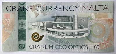 2026第1场（总第228期）：精品测试钞、外钞、塑料钞、连体钞综合场 - 美国Crane“马耳他哈尔法尔印钞厂”Motion Surfacet™ 微光学安全线～眼睛09系列测试钞UNC（纸胆微褶皱）