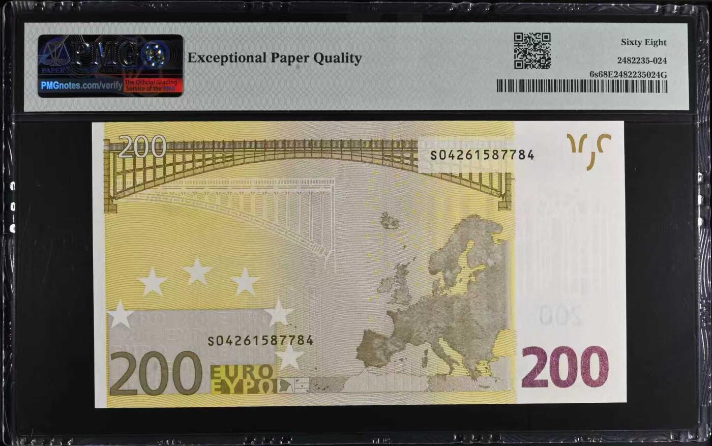 🎉🎉🎉《外钞收藏家》第六百期（年度庆典场）（本平台长期征集拍品、欢迎藏友们联系合作）❤️❤️❤️ 2002年一签200欧元 意大利版 稀少 PMG68 冠军分