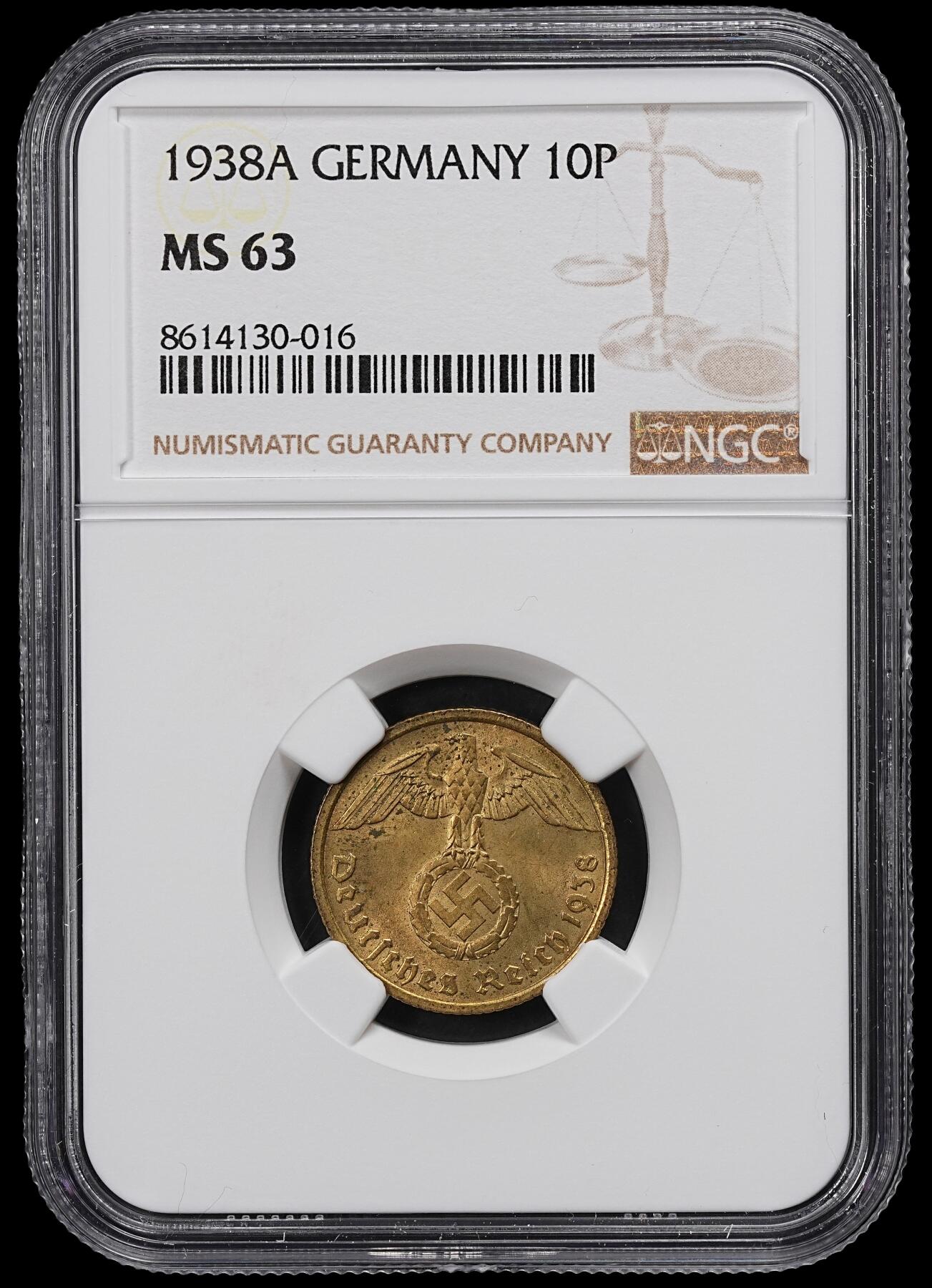 修遠堂世界钱币第一百期 NGC MS63 1938年德三10芬尼 A厂铭