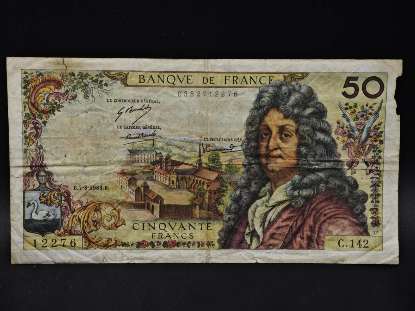 【淘币小摊】限时拍第八百四十二拍  纸币场  满百包邮可预留两周  周一统一发货  法国1969年50法郎纸币【有折针眼缺损】