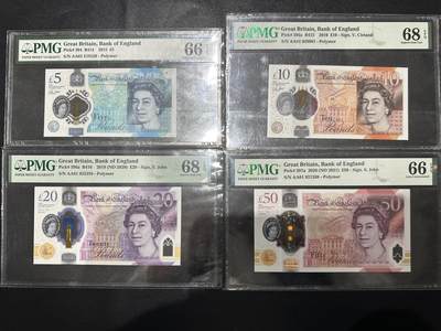 🎉🎉🎉《外钞收藏家》第六百期（年度庆典场）（本平台长期征集拍品、欢迎藏友们联系合作）❤️❤️❤️ - 英国女王版塑料钞 全部首发AA01冠（5，10，50都是无347）20和10比较少，全部是PMG68