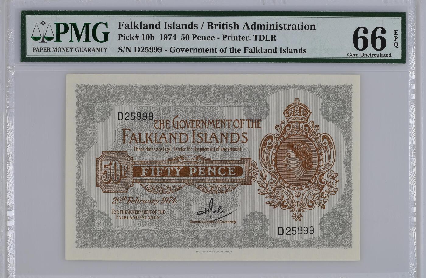 🎉🎉🎉《外钞收藏家》第六百期（年度庆典场）（本平台长期征集拍品、欢迎藏友们联系合作）❤️❤️❤️ 【999豹子号无47】福克兰群岛 1974年50便士 英国女王少女时期像 PMG66EPQ 超级靓号