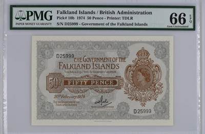 🎉🎉🎉《外钞收藏家》第六百期（年度庆典场）（本平台长期征集拍品、欢迎藏友们联系合作）❤️❤️❤️ - 【999豹子号无47】福克兰群岛 1974年50便士 英国女王少女时期像 PMG66EPQ 超级靓号