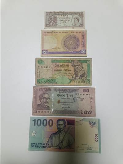 【20260106】非全新纸币和硬币第321场 - 香港地区和4张亚洲国家纸币，有裂缝和字迹