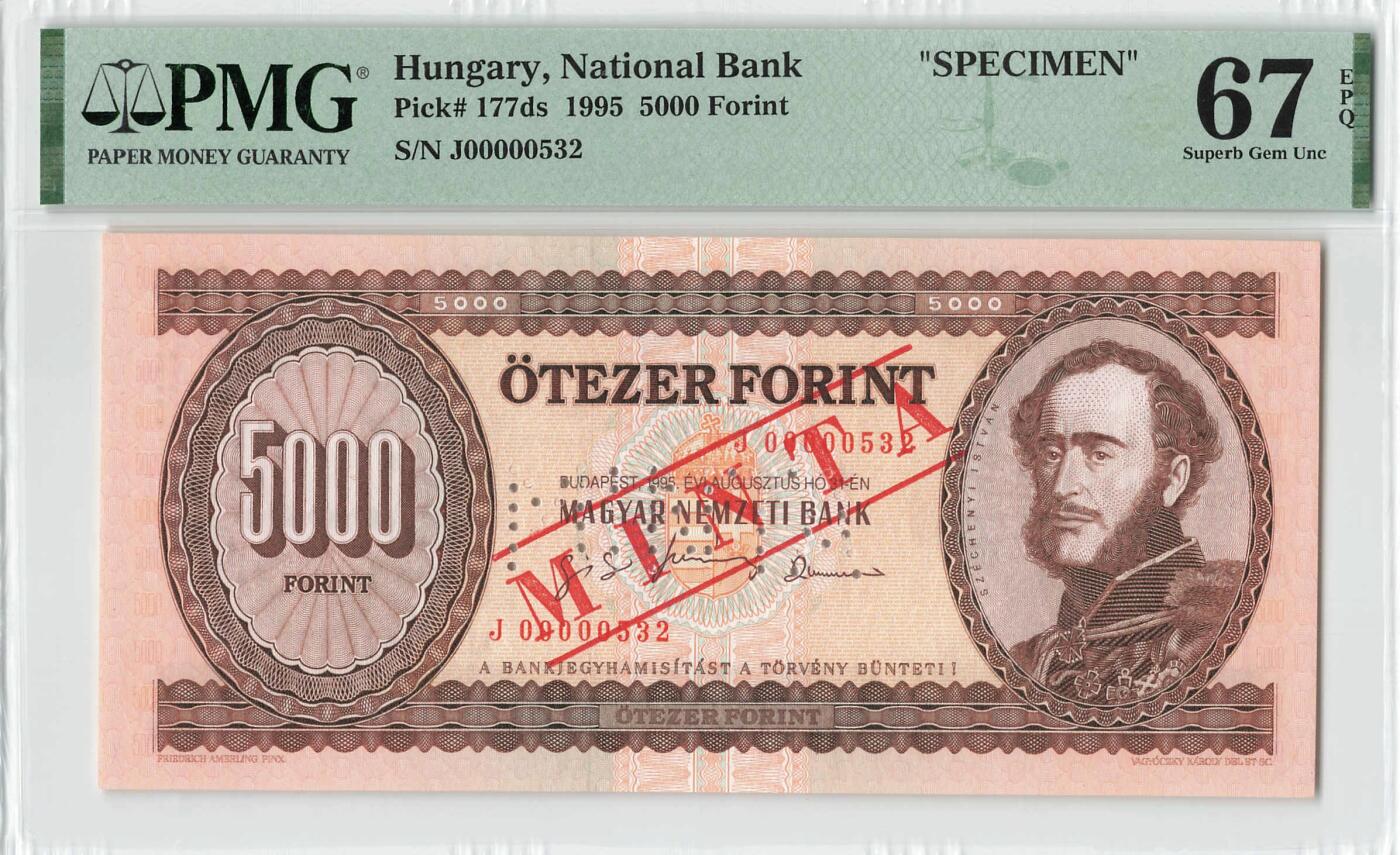 小福收藏拍卖第198期 评级币精选场  本期有菲律宾百位靓号100000比索超大纪念钞 苏里南25000盾花鸟版最高值 柬埔寨珍品56年50瑞尔 南越未发行版最高值打飞机  巴哈马彩背 老挝中国代印57年样钞 匈牙利 斯洛伐克 法罗群岛等多国精美高分珍稀老钞精品纸币 匈牙利 1995年 5000福林 样钞 无47 百位号 PMG67 EPQ 唯1冠军分！！！