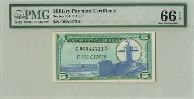 小福收藏拍卖第198期 评级币精选场  本期有菲律宾百位靓号100000比索超大纪念钞 苏里南25000盾花鸟版最高值 柬埔寨珍品56年50瑞尔 南越未发行版最高值打飞机  巴哈马彩背 老挝中国代印57年样钞 匈牙利 斯洛伐克 法罗群岛等多国精美高分珍稀老钞精品纸币 - 美国 军票 5分 PMG66 EPQ