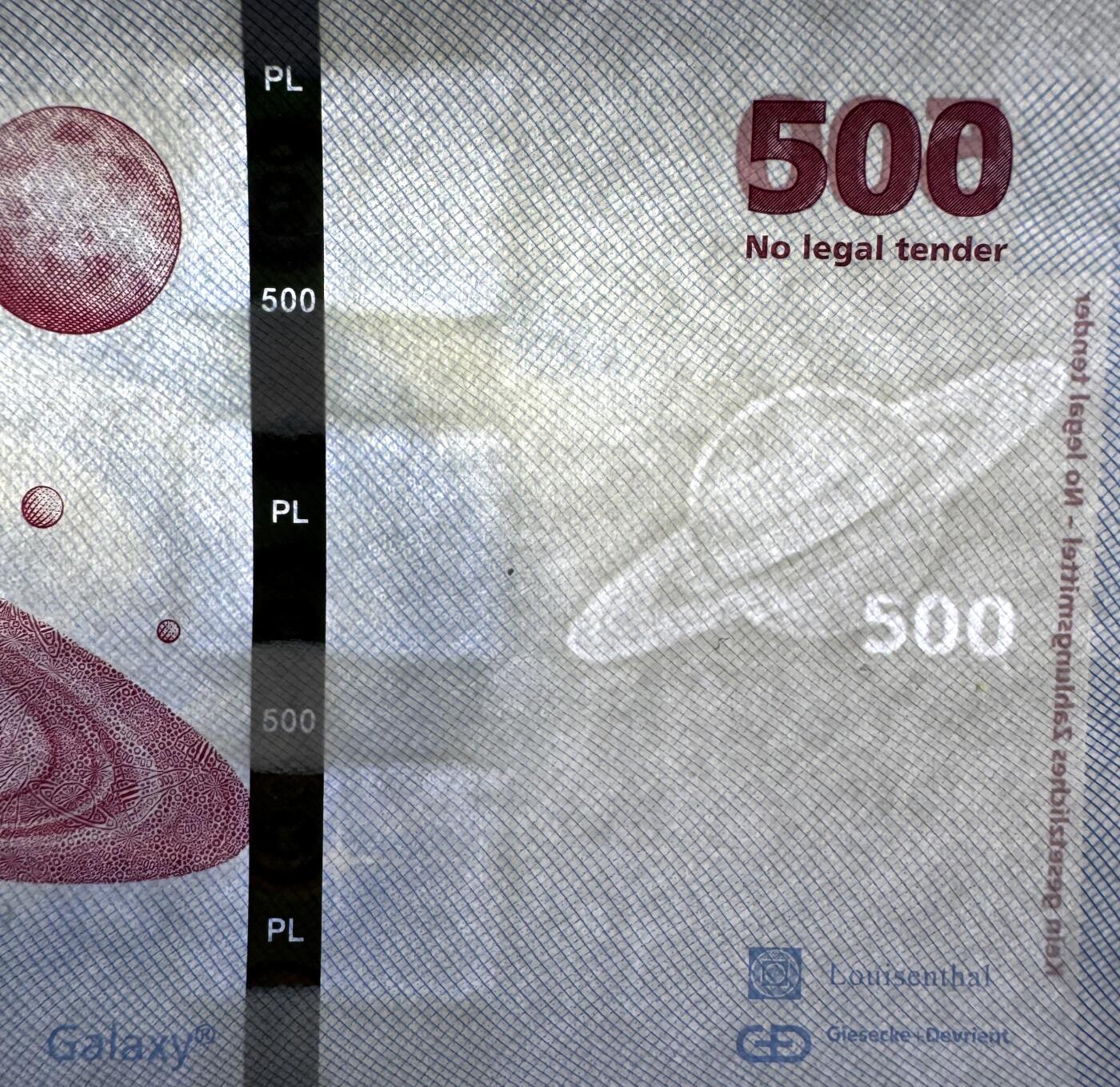 2026第1场（总第228期）：精品测试钞、外钞、塑料钞、连体钞综合场 德国捷德G&D “红版木星”500面额Galaxy金变绿安全线测试钞UNC