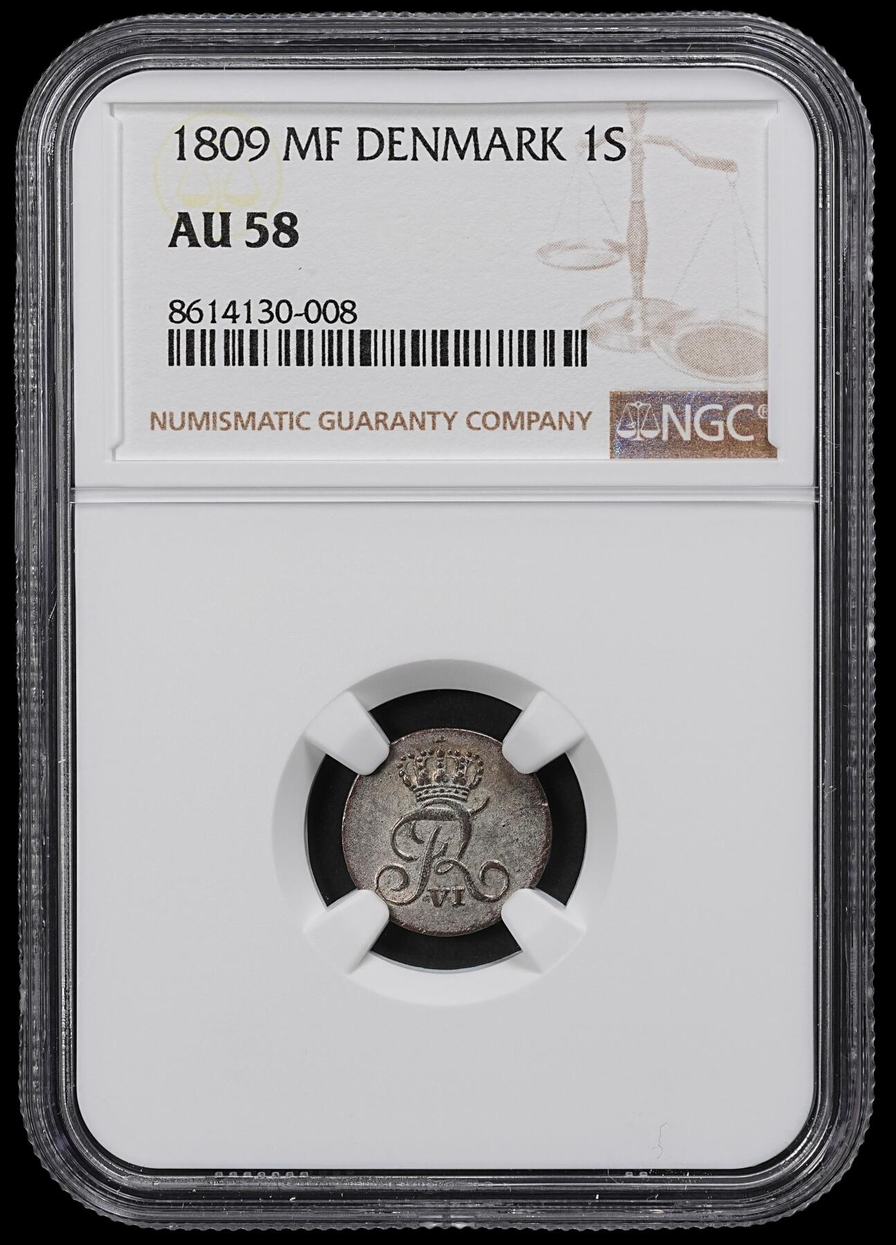 修遠堂世界钱币第一百期 NGC AU58 1809年丹麦1 SKILLING
