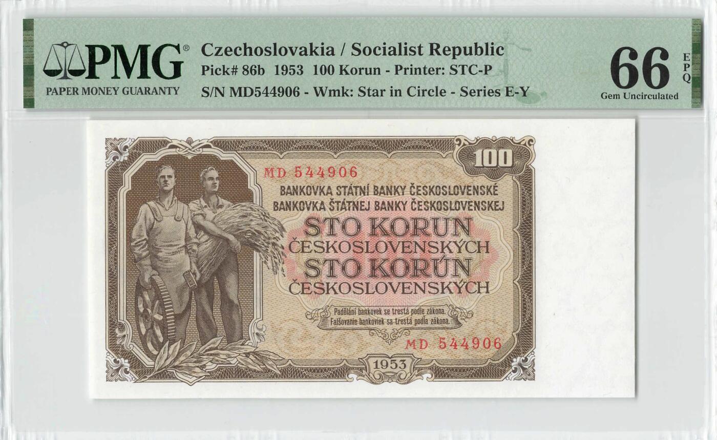 小福收藏拍卖第200期 【庆典场 中拍就有好礼相赠】评级币精选场 本期有捷克斯洛伐克20年100克朗慕夏作品大珍 69分倒置百位号布隆迪世界最大纸币  35年版加拿大经典 苏格兰格拉斯哥大学500年纪念钞倒置小号 卡塔尔80年100里亚尔冠军分 美国教育券 意大利拉斐尔 乌克兰 库克群岛 墨西哥 南斯拉夫 亚美尼亚等多国精美高分珍稀老钞精品纸币 捷克斯洛伐克 1953年 100克朗 PMG66 EPQ 季军分