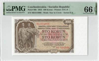 小福收藏拍卖第200期 【庆典场 中拍就有好礼相赠】评级币精选场 本期有捷克斯洛伐克20年100克朗慕夏作品大珍 69分倒置百位号布隆迪世界最大纸币  35年版加拿大经典 苏格兰格拉斯哥大学500年纪念钞倒置小号 卡塔尔80年100里亚尔冠军分 美国教育券 意大利拉斐尔 乌克兰 库克群岛 墨西哥 南斯拉夫 亚美尼亚等多国精美高分珍稀老钞精品纸币 - 捷克斯洛伐克 1953年 100克朗 PMG66 EPQ 季军分